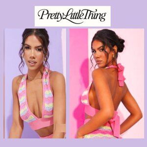 NWT Pretty Little Thing Pink Wave Knit Halterneck Bralet